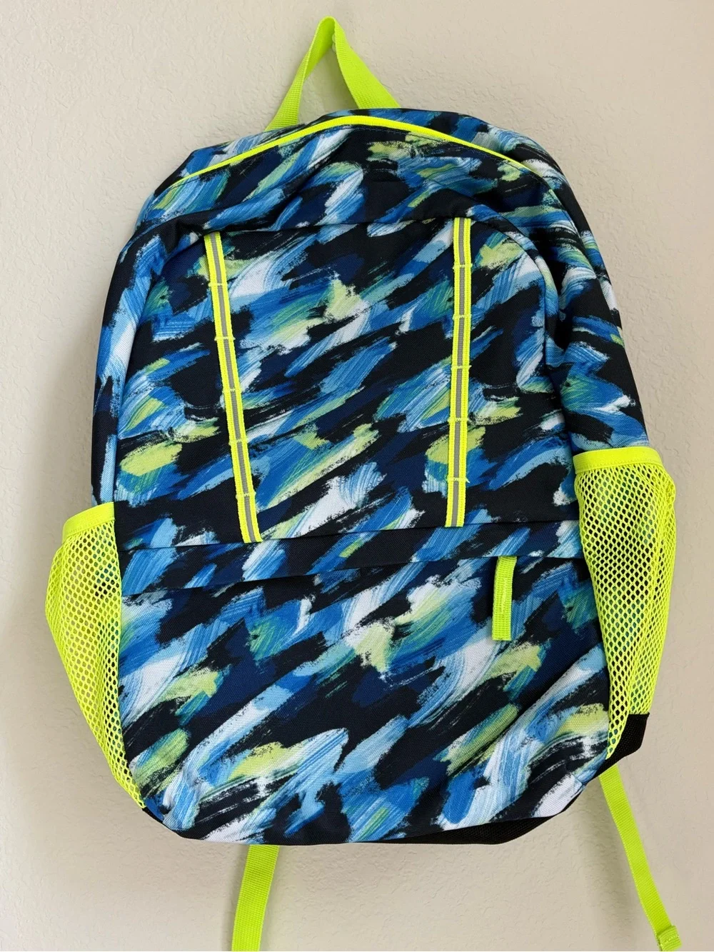 Lands End Kids ClassMate Medium Backpack Navy Neon Green Brushstroke Durable